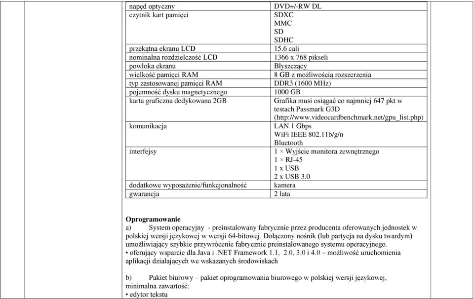 magnetycznego 000 GB karta graficzna dedykowana 2GB Grafika musi osiągać co najmniej 647 pkt w testach Passmark G3D (http://www.videocardbenchmark.net/gpu_list.php) komunikacja LAN Gbps WiFi IEEE 802.