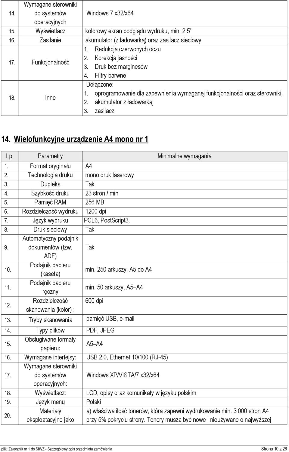 oprogramowanie dla zapewnienia wymaganej funkcjonalności oraz sterowniki, 2. akumulator z ładowarką, 3. zasilacz. 14. Wielofunkcyjne urządzenie A4 mono nr 1 1. Format oryginału A4 2.