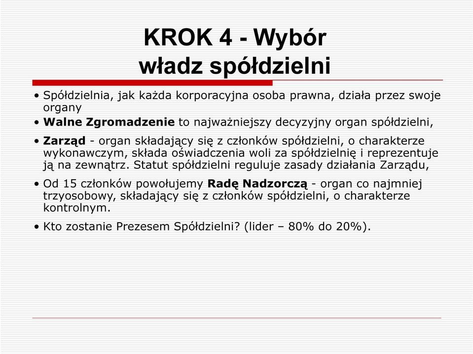 woli za spółdzielnię i reprezentuje ją na zewnątrz.