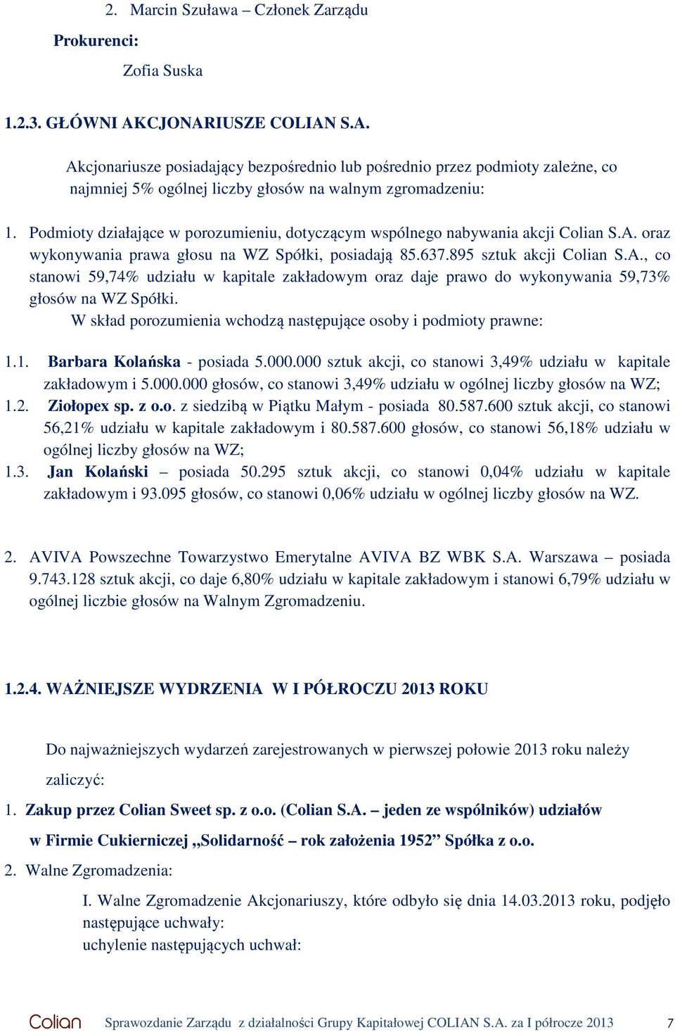 Podmioty działające w porozumieniu, dotyczącym wspólnego nabywania akcji Colian S.A. oraz wykonywania prawa głosu na WZ Spółki, posiadają 85.637.895 sztuk akcji Colian S.A., co stanowi 59,74% udziału w kapitale zakładowym oraz daje prawo do wykonywania 59,73% głosów na WZ Spółki.