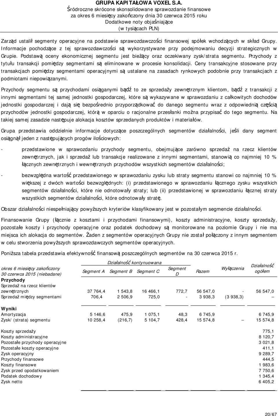 Podstawą oceny ekonomicznej segmentu jest bieżący oraz oczekiwany zysk/strata segmentu. Przychody z tytułu transakcji pomiędzy segmentami są eliminowane w procesie konsolidacji.