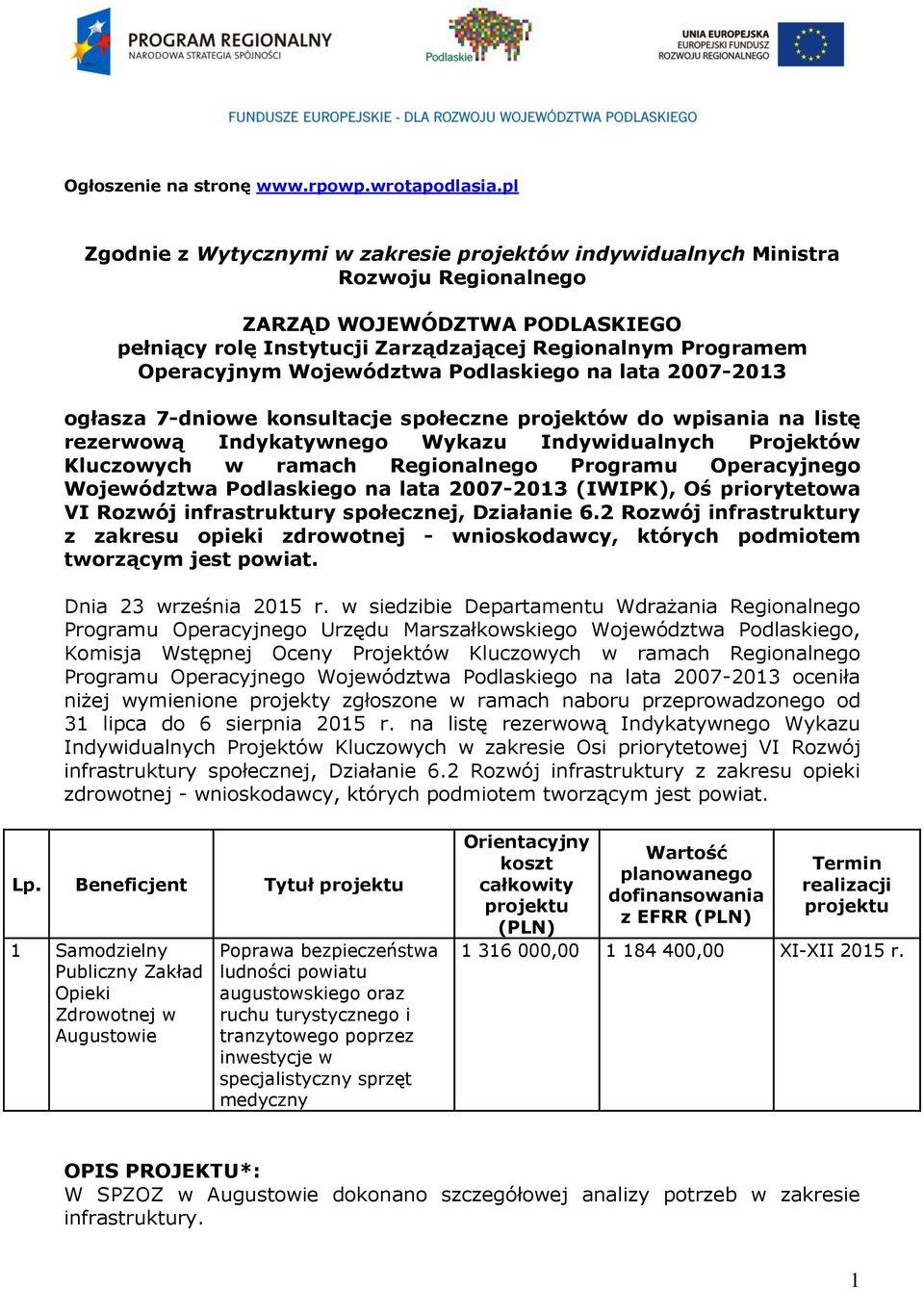 Województwa Podlaskiego na lata 2007-2013 ogłasza 7-dniowe konsultacje społeczne projektów do wpisania na listę rezerwową Indykatywnego Wykazu Indywidualnych Projektów Kluczowych w ramach