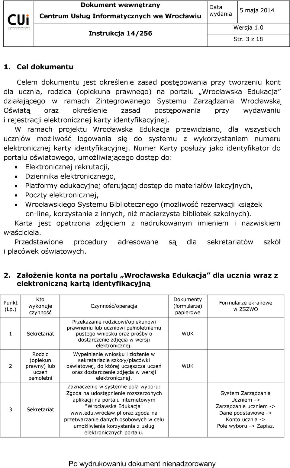 Zarządzania Wrocławską Oświatą oraz określenie zasad postępowania przy wydawaniu i rejestracji elektronicznej karty identyfikacyjnej.