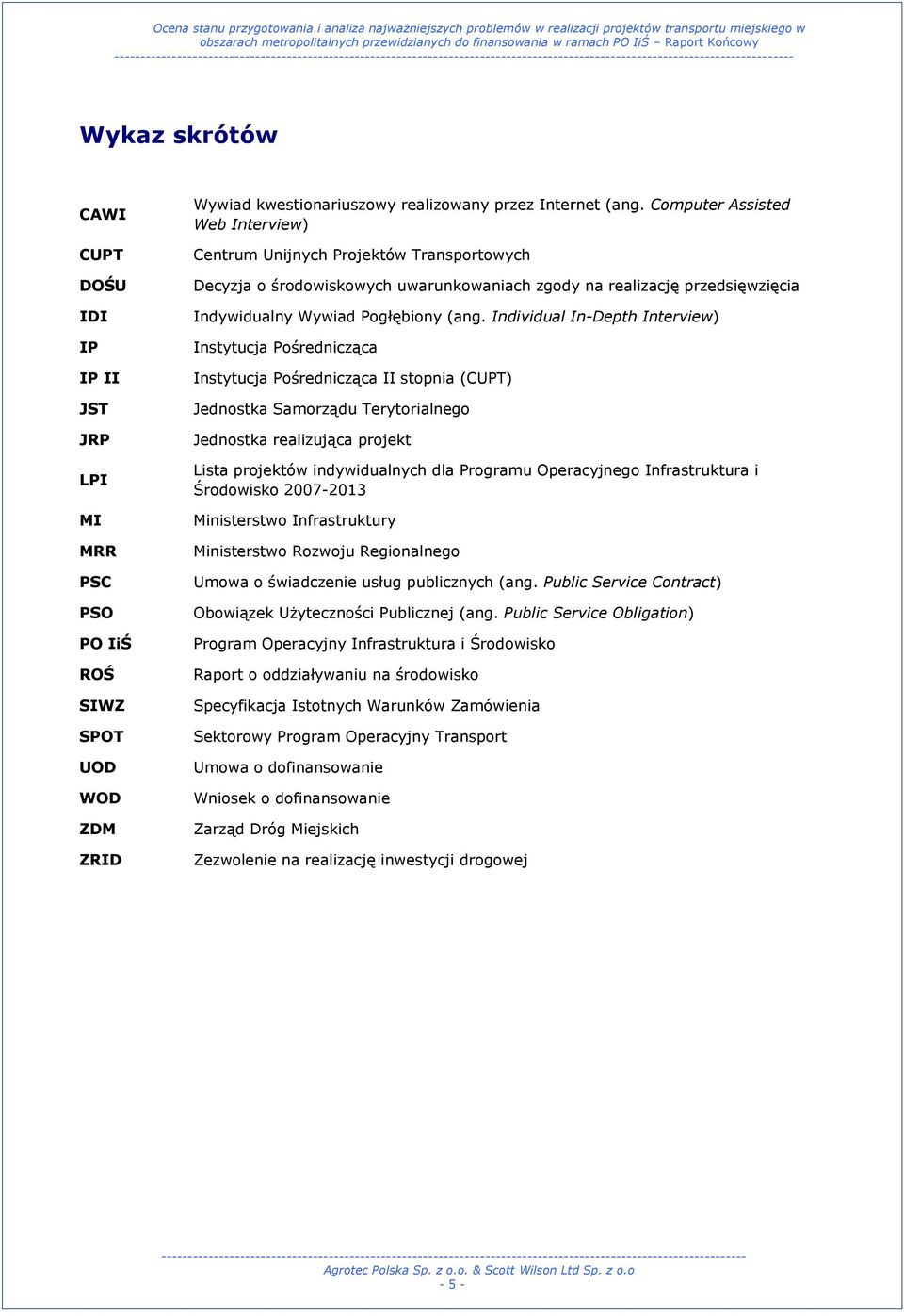 Individual In-Depth Interview) Instytucja Pośrednicząca Instytucja Pośrednicząca II stopnia (CUPT) Jednostka Samorządu Terytorialnego Jednostka realizująca projekt Lista projektów indywidualnych dla