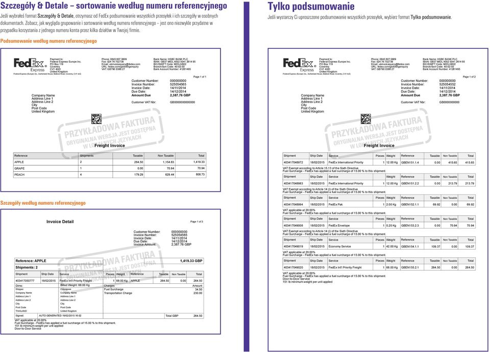 Podsumowanie według numeru referencyjnego Tylko podsumowanie Jeśli wystarczy Ci uproszczone podsumowanie wszystkich przesyłek, wybierz format Tylko podsumowanie. Federal Express (Europe) Inc.