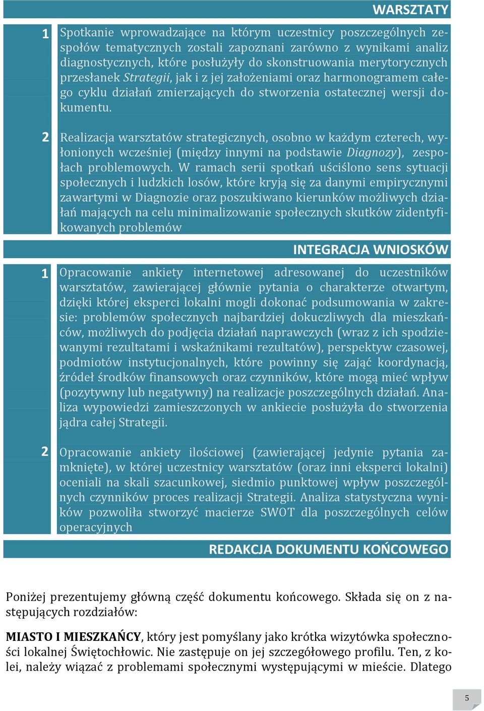 Realizacja warsztatów strategicznych, osobno w każdym czterech, wyłonionych wcześniej (między innymi na podstawie Diagnozy), zespołach problemowych.