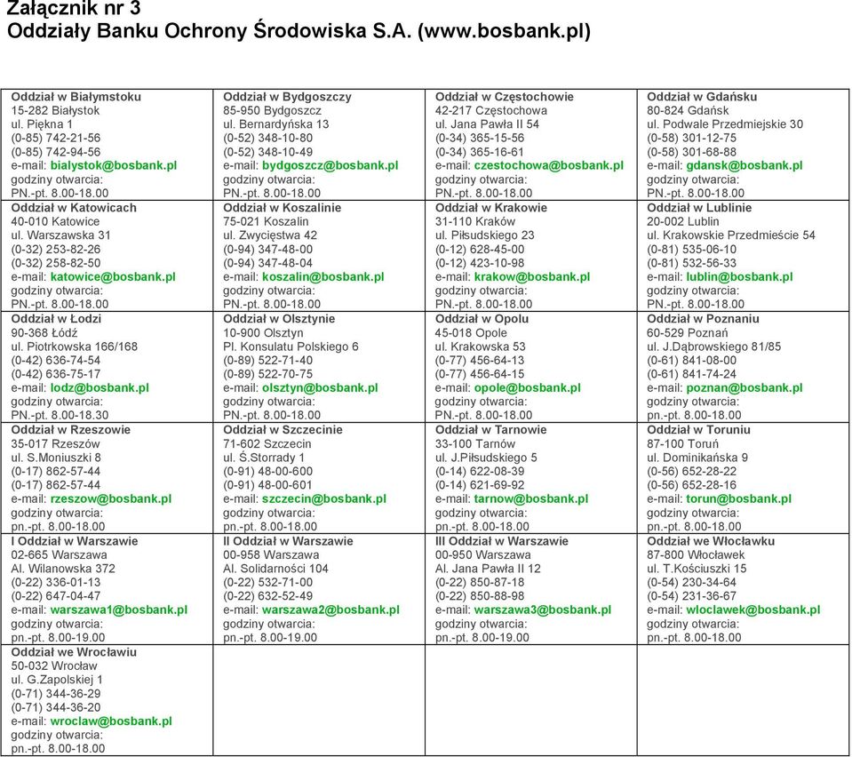 Piotrkowska 166/168 (0-42) 636-74-54 (0-42) 636-75-17 e-mail: lodz@bosbank.pl PN.-pt. 8.00-18.30 Oddział w Rzeszowie 35-017 Rzeszów ul. S.