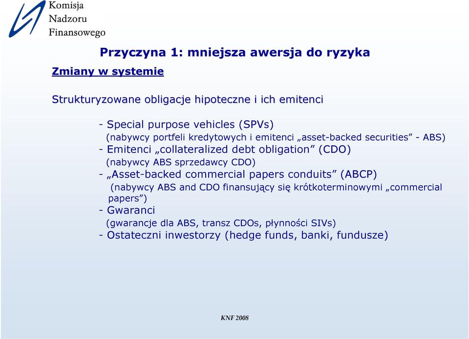 (CDO) (nabywcy ABS sprzedawcy CDO) - Asset-backed commercial papers conduits (ABCP) (nabywcy ABS and CDO finansujący się