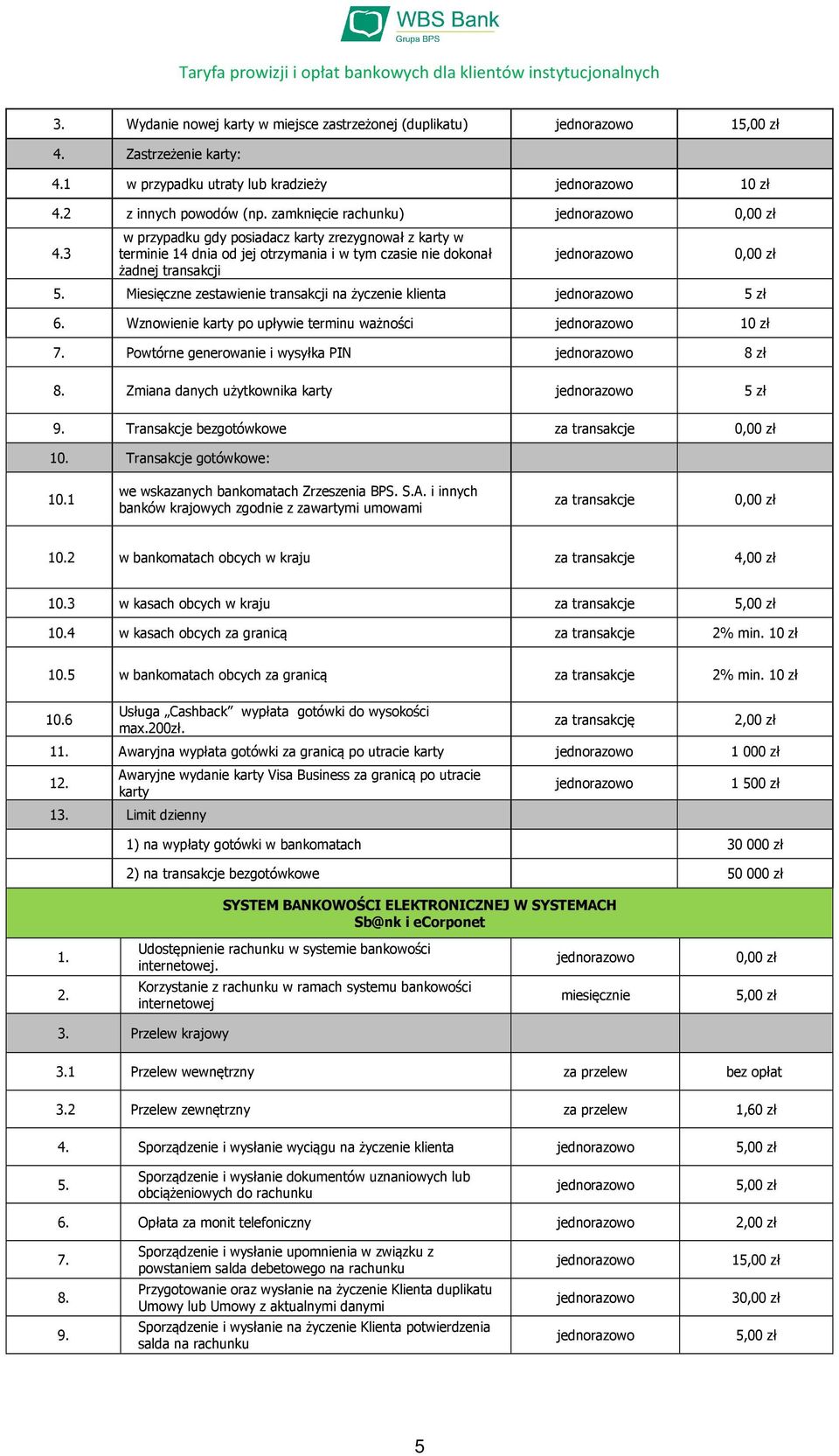 Wznowienie karty po upływie terminu ważności 10 zł 7. Powtórne generowanie i wysyłka PIN 8 zł 8. Zmiana danych użytkownika karty 5 zł 9. Transakcje bezgotówkowe za transakcje 10.