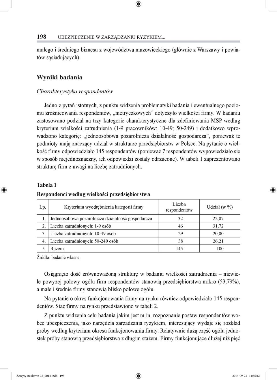 W badaniu zastosowano podział na trzy kategorie charakterystyczne dla zdefiniowania MSP według kryterium wielkości zatrudnienia (1-9 pracowników; 10-49; 50-249) i dodatkowo wprowadzono kategorię: