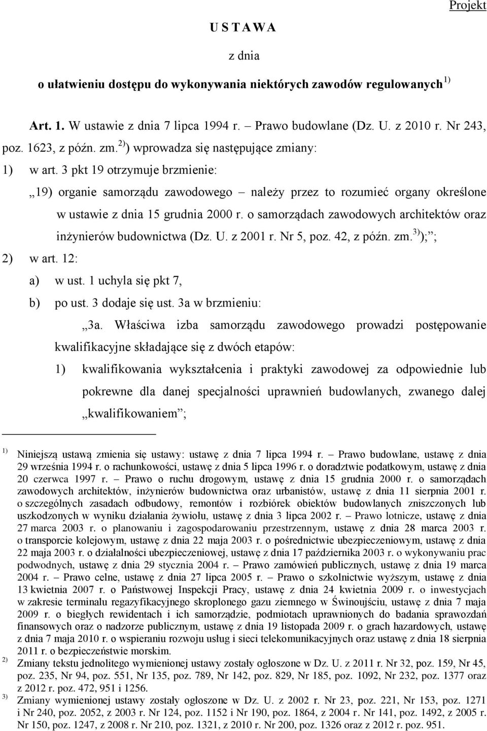 o samorządach zawodowych architektów oraz inżynierów budownictwa (Dz. U. z 2001 r. Nr 5, poz. 42, z późn. zm. 3) ); ; 2) w art. 12: a) w ust. 1 uchyla się pkt 7, b) po ust. 3 dodaje się ust.