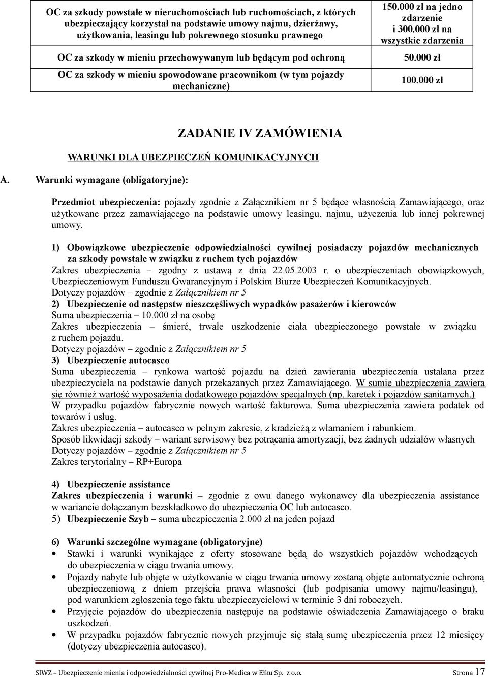 000 zł 100.000 zł ZADANIE IV ZAMÓWIENIA WARUNKI DLA UBEZPIECZEŃ KOMUNIKACYJNYCH A.