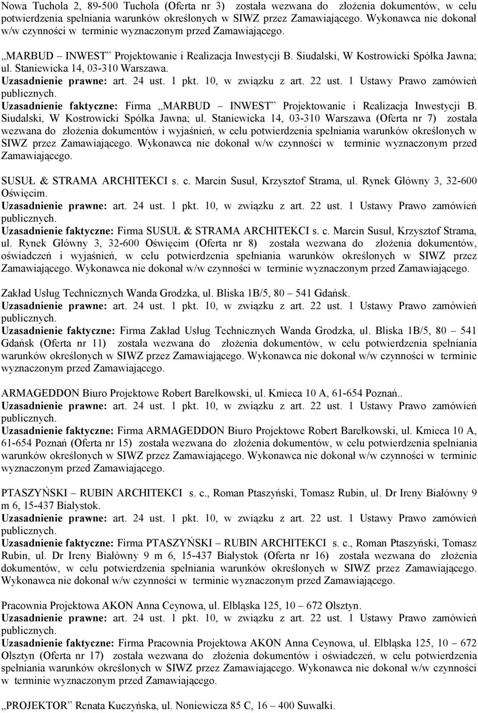 Uzasadnienie faktyczne: Firma MARBUD INWEST Projektowanie i Realizacja Inwestycji B. Siudalski, W Kostrowicki Spółka Jawna; ul.