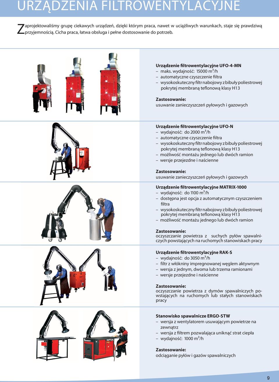 wydajność: 15 m³/h automatyczne czyszczenie filtra wysokoskuteczny filtr nabojowy z bibuły poliestrowej pokrytej membraną teflonową klasy H13 usuwanie zanieczyszczeń pyłowych i gazowych Urządzenie