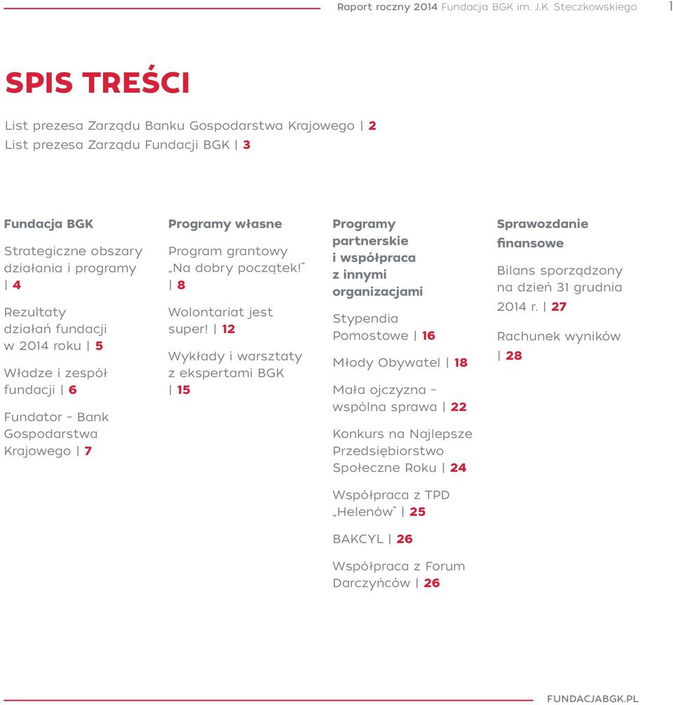 Steczkowskiego 1 SPIS TREŚCI List prezesa Zarządu Banku Gospodarstwa Krajowego 2 List prezesa Zarządu Fundacji BGK 3 Fundacja BGK Strategiczne obszary działania i programy 4 Rezultaty działań