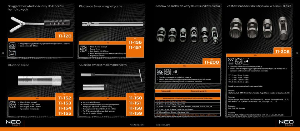 zapewnienia komfortu pracy Magnetyczna końcówka 11-206 11 Klucz do świec Klucz do świec z max momentem x6 Specjalistyczne nasadki do instalacji wtryskiwaczy Okienka w nasadkach pozwalają na