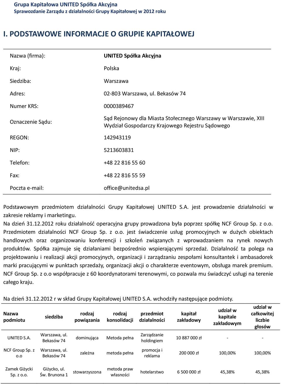 Telefon: +48 22 816 55 60 Fax: +48 22 816 55 59 Poczta e-mail: office@unitedsa.pl Podstawowym przedmiotem działalności Grupy Kapitałowej UNITED S.A.