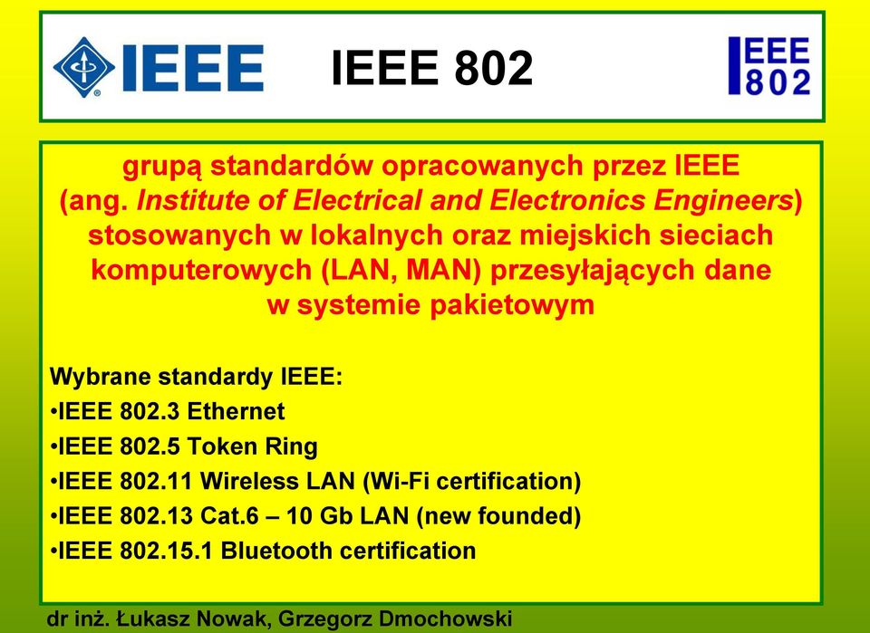 komputerowych (LAN, MAN) przesyłających dane w systemie pakietowym Wybrane standardy IEEE: IEEE 802.