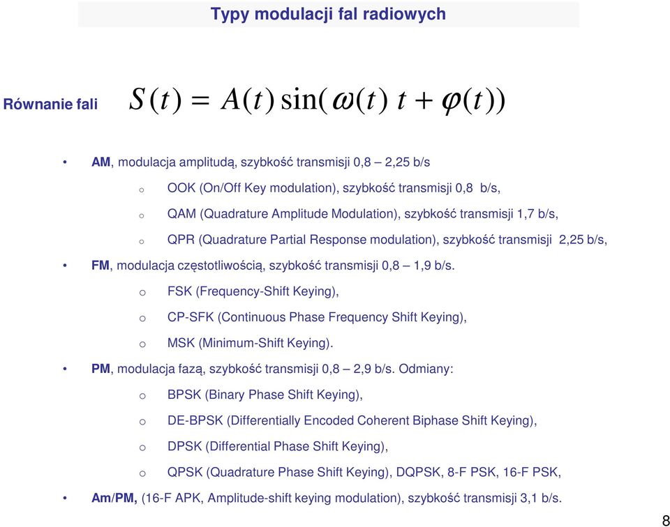 0,8 1,9 b/s. o o o FSK (Frequency-Shift Keying), CP-SFK (Continuous Phase Frequency Shift Keying), MSK (Minimum-Shift Keying). PM, modulacja fazą, szybkość transmisji 0,8 2,9 b/s.