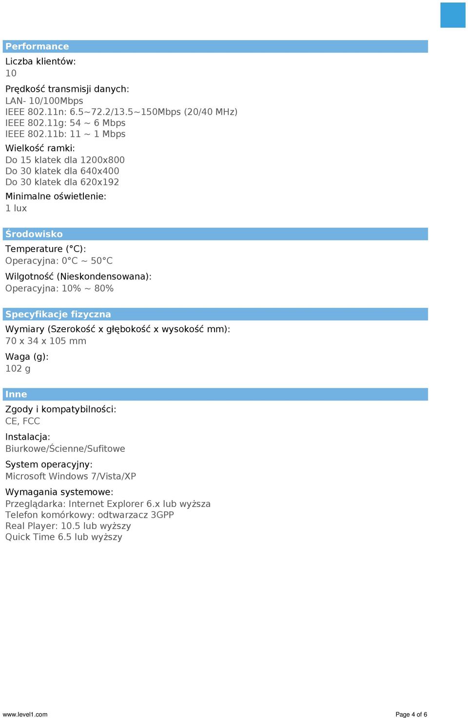 Wilgotność (Nieskondensowana): Operacyjna: 10% ~ 80% Specyfikacje fizyczna Wymiary (Szerokość x głębokość x wysokość mm): 70 x 34 x 105 mm Waga (g): 102 g Inne Zgody i kompatybilności: CE, FCC