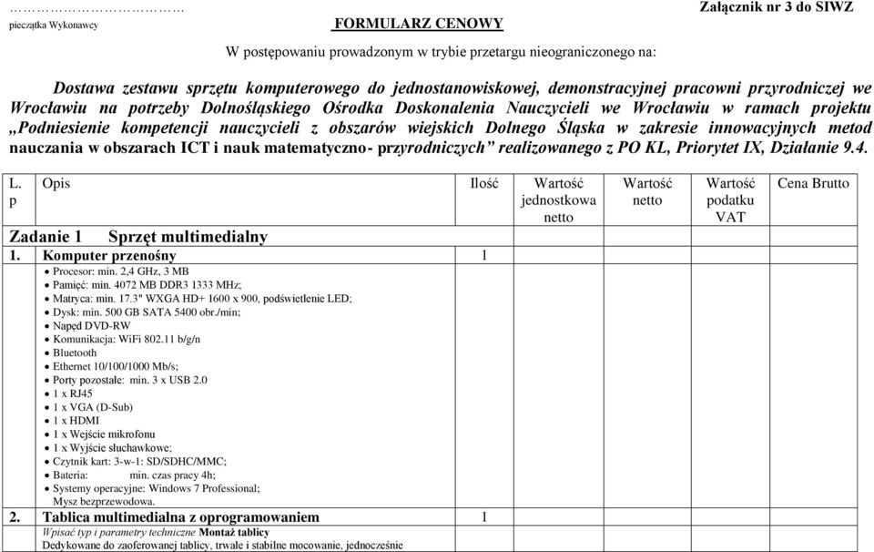 wiejskich Dolnego Śląska w zakresie innowacyjnych metod nauczania w obszarach ICT i nauk matematyczno- przyrodniczych realizowanego z PO KL, Priorytet IX, Działanie 9.4. L.