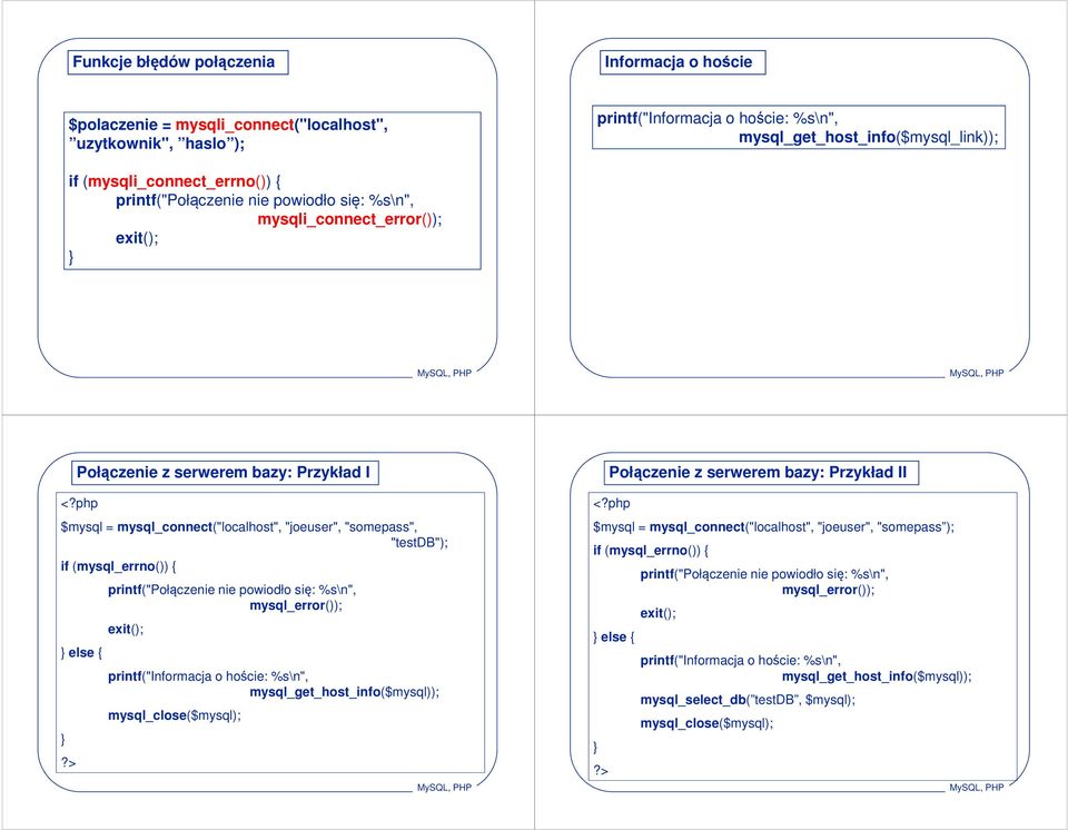 "somepass", "testdb"); if (mysql_errno()) { else { printf("połączenie nie powiodło się: %s\n", mysql_error()); exit(); printf("informacja o hoście: %s\n", mysql_get_host_info($mysql));