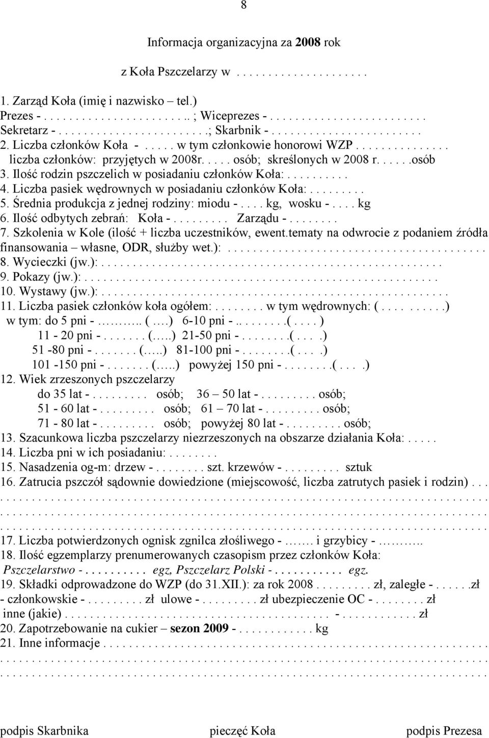 .....osób 3. Ilość rodzin pszczelich w posiadaniu członków Koła:.......... 4. Liczba pasiek wędrownych w posiadaniu członków Koła:......... 5. Średnia produkcja z jednej rodziny: miodu -.... kg, wosku -.