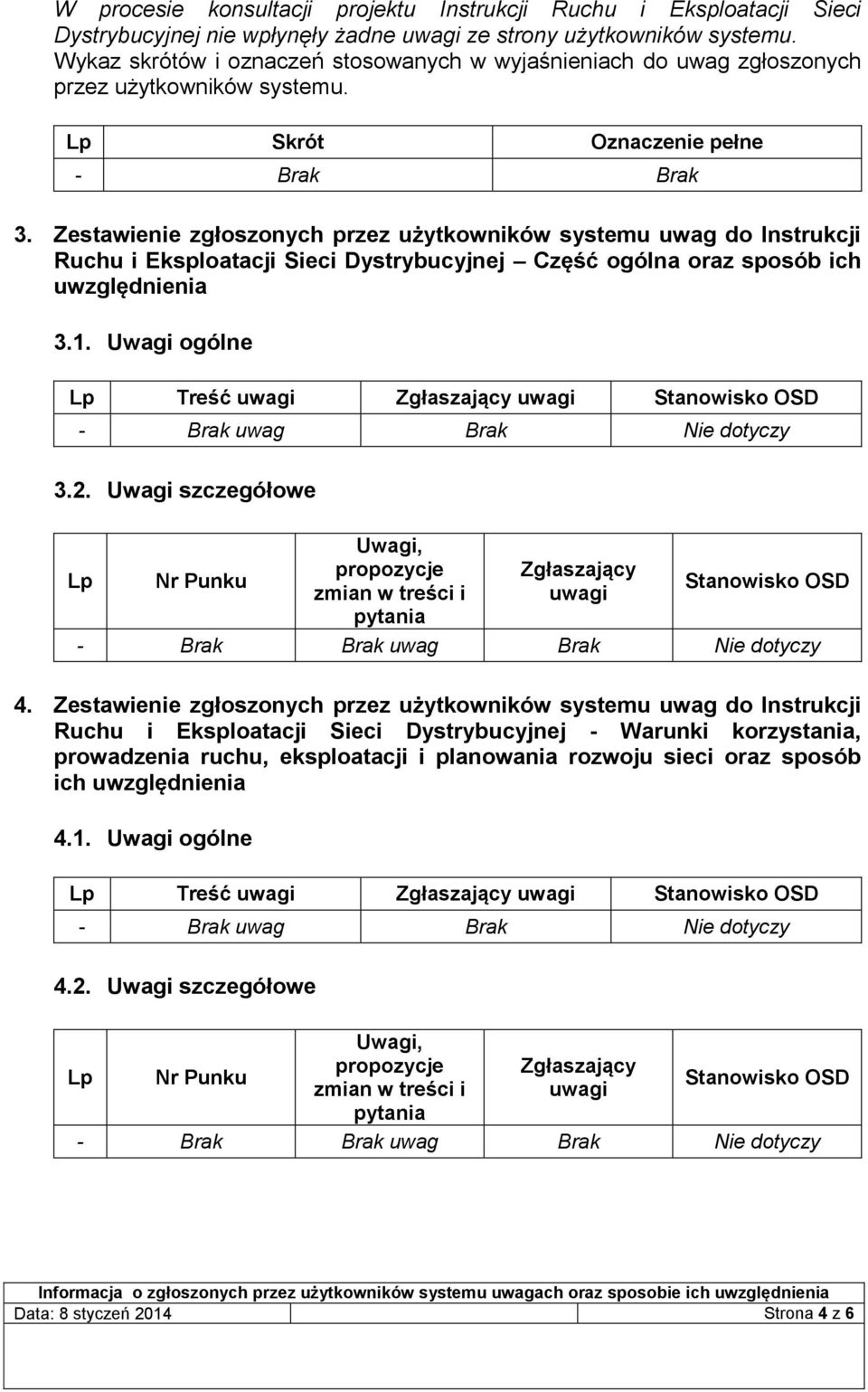 Zestawienie zgłoszonych przez użytkowników systemu uwag do Instrukcji Ruchu i Eksploatacji Sieci Dystrybucyjnej Część ogólna oraz sposób ich uwzględnienia 3.1.