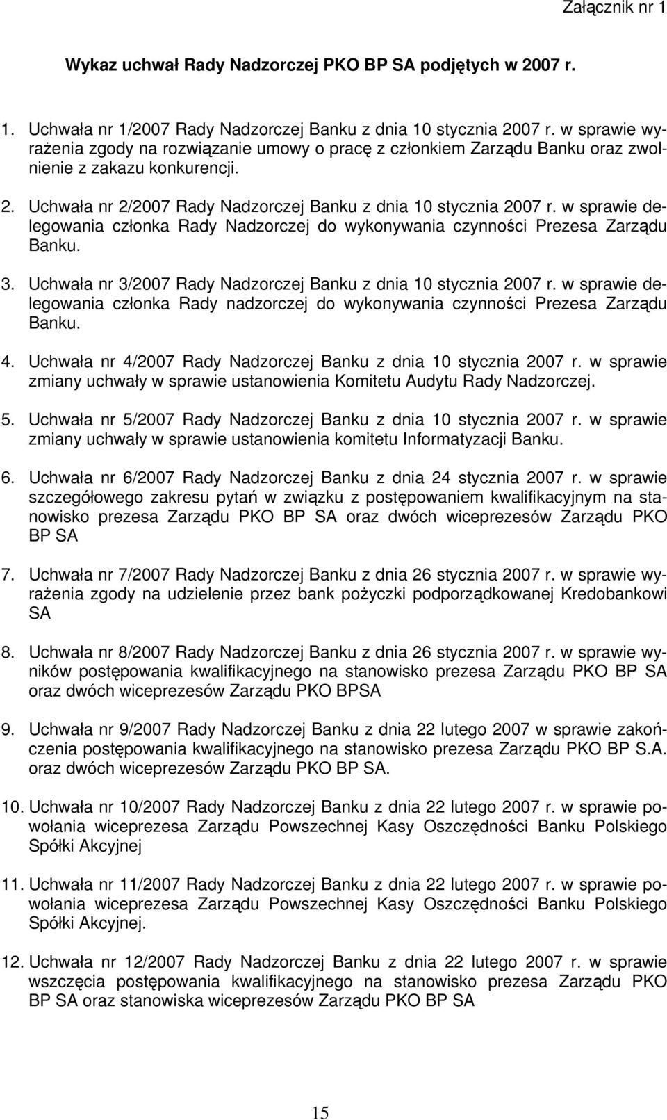 w sprawie delegowania członka Rady Nadzorczej do wykonywania czynności Prezesa Zarządu Banku. 3. Uchwała nr 3/2007 Rady Nadzorczej Banku z dnia 10 stycznia 2007 r.