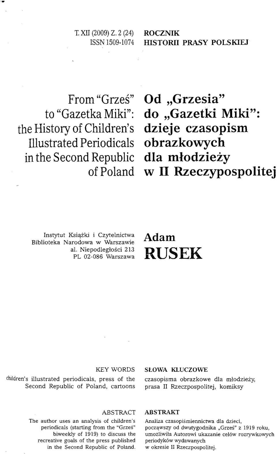 dzieje czasopism obrazkowych dla młodzieży w II Rzeczypospolitej Instytut Książki i Czytelnictwa Biblioteka Narodowa w Warszawie al.