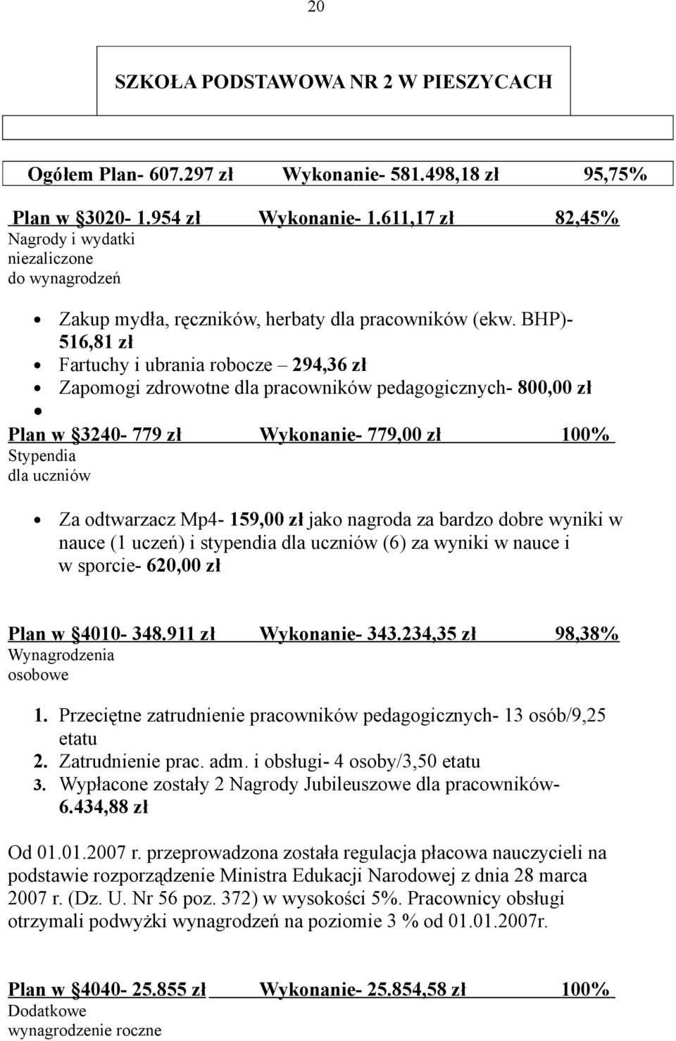 BHP)- 516,81 zł Fartuchy i ubrania robocze 294,36 zł Zapomogi zdrowotne dla pracowników pedagogicznych- 800,00 zł Plan w 3240-779 zł Wykonanie- 779,00 zł 100% Stypendia dla uczniów Za odtwarzacz