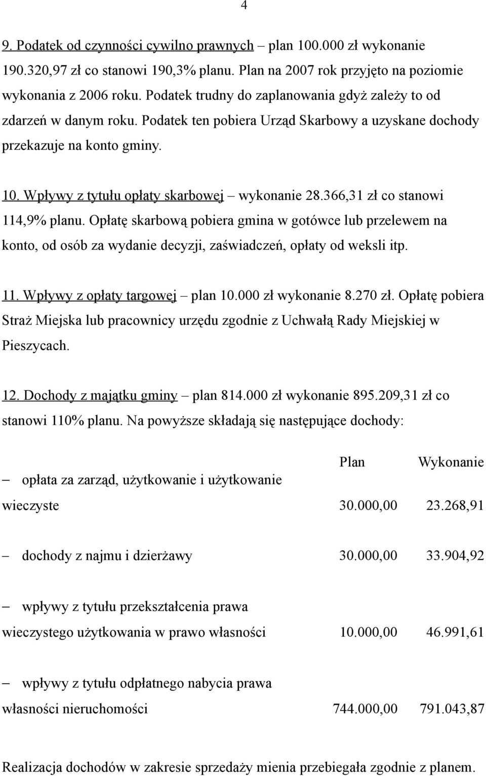 Wpływy z tytułu opłaty skarbowej wykonanie 28.366,31 zł co stanowi 114,9% planu.