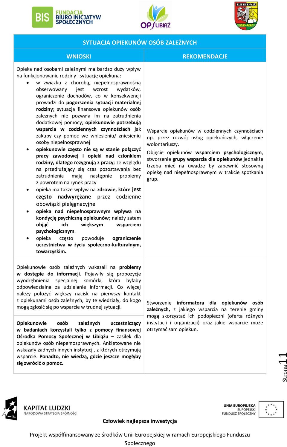 zatrudnienia dodatkowej pomocy; opiekunowie potrzebują wsparcia w codziennych czynnościach jak zakupy czy pomoc we wniesieniu/ zniesieniu osoby niepełnosprawnej opiekunowie często nie są w stanie