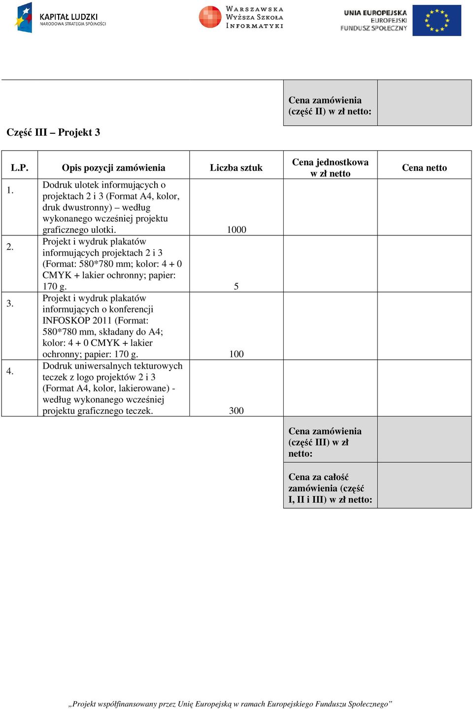 Opis pozycji zamówienia Liczba sztuk Dodruk ulotek informujących o projektach 2 i 3 (Format A4, kolor, druk dwustronny) według wykonanego wcześniej projektu graficznego ulotki.