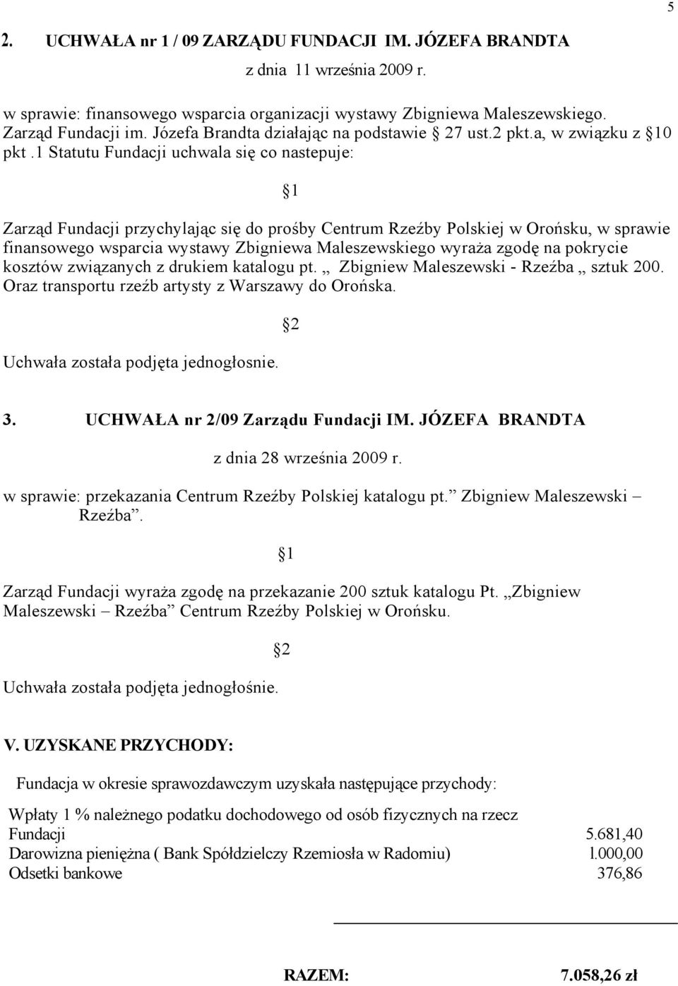 1 Statutu Fundacji uchwala się co nastepuje: 1 Zarząd Fundacji przychylając się do prośby Centrum Rzeźby Polskiej w Orońsku, w sprawie finansowego wsparcia wystawy Zbigniewa Maleszewskiego wyraża