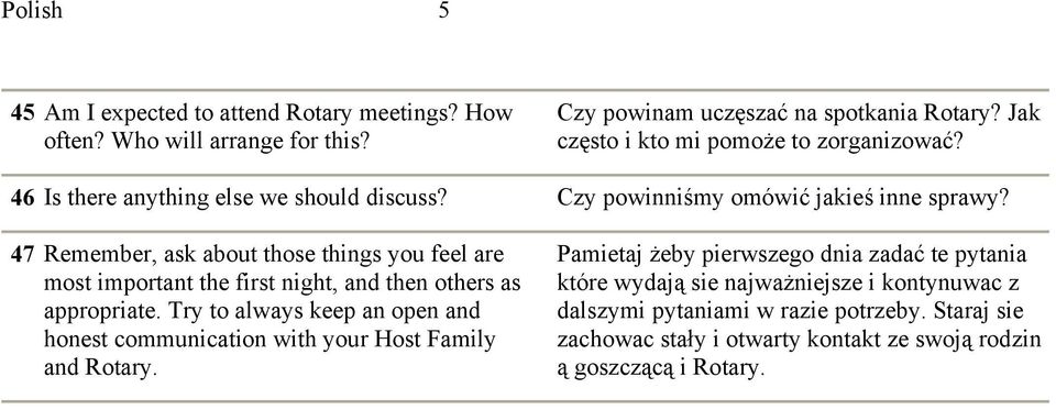 47 Remember, ask about those things you feel are most important the first night, and then others as appropriate.