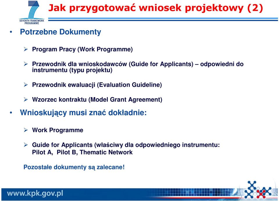 Guideline) Wzorzec kontraktu (Model Grant Agreement) Wnioskujący musi znać dokładnie: Work Programme Guide for