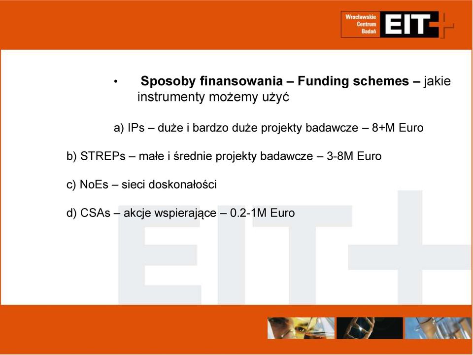 Euro b) STREPs małe i średnie projekty badawcze 3-8M Euro