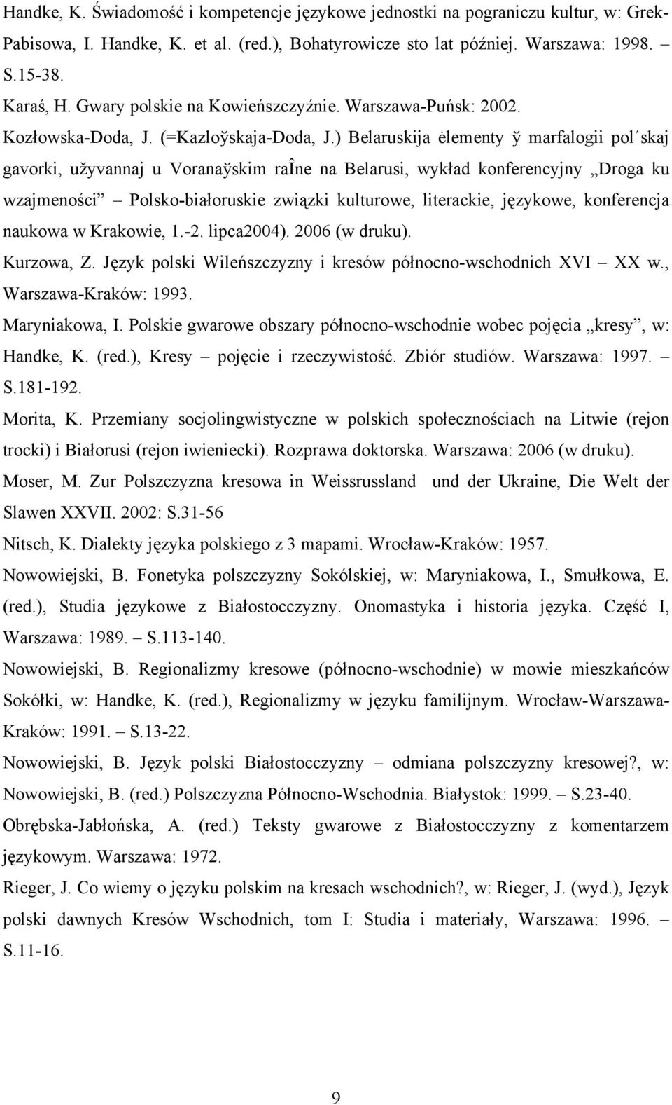 ) Belaruskija ėlementy ў marfalogii pol skaj gavorki, užyvannaj u Voranaўskim raëne na Belarusi, wykład konferencyjny Droga ku wzajmeności Polsko-białoruskie związki kulturowe, literackie, językowe,