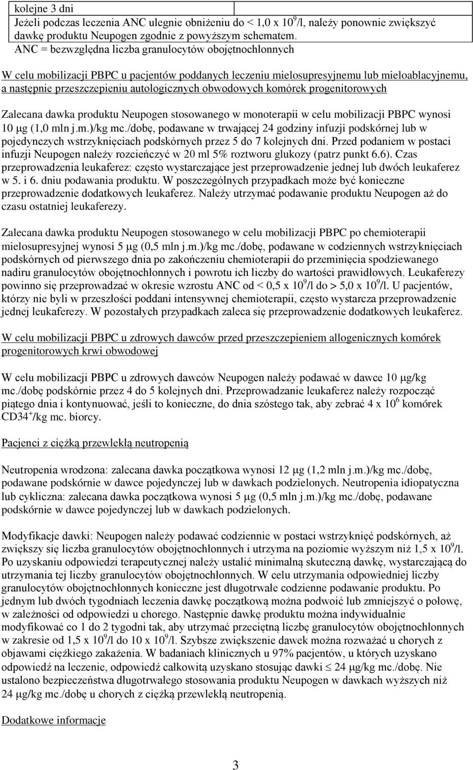 obwodowych komórek progenitorowych Zalecana dawka produktu Neupogen stosowanego w monoterapii w celu mobilizacji PBPC wynosi 10 µg (1,0 mln j.m.)/kg mc.