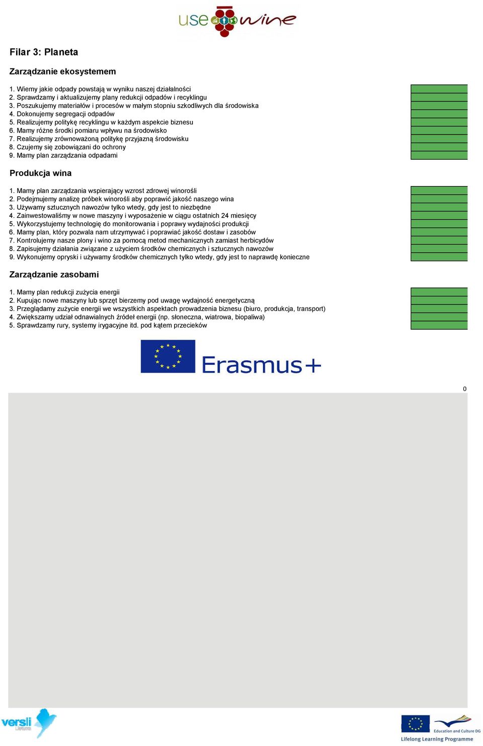 Mamy różne środki pomiaru wpływu na środowisko 7. Realizujemy zrównoważoną politykę przyjazną środowisku 8. zujemy się zobowiązani do ochrony 9. Mamy plan zarządzania odpadami Produkcja wina 1.
