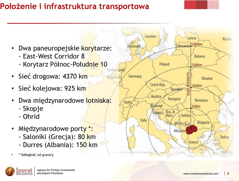 kolejowa: 925 km Dwa międzynarodowe lotniska: - Skopje - Ohrid Międzynarodowe