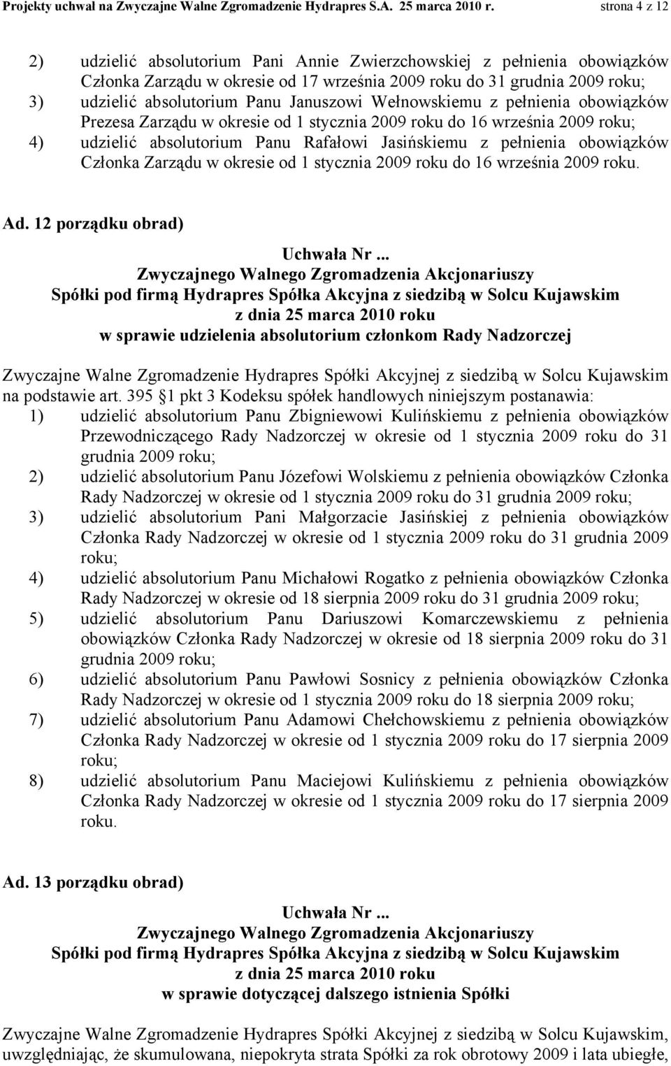 Januszowi Wełnowskiemu z pełnienia obowiązków Prezesa Zarządu w okresie od 1 stycznia 2009 roku do 16 września 2009 roku; 4) udzielić absolutorium Panu Rafałowi Jasińskiemu z pełnienia obowiązków