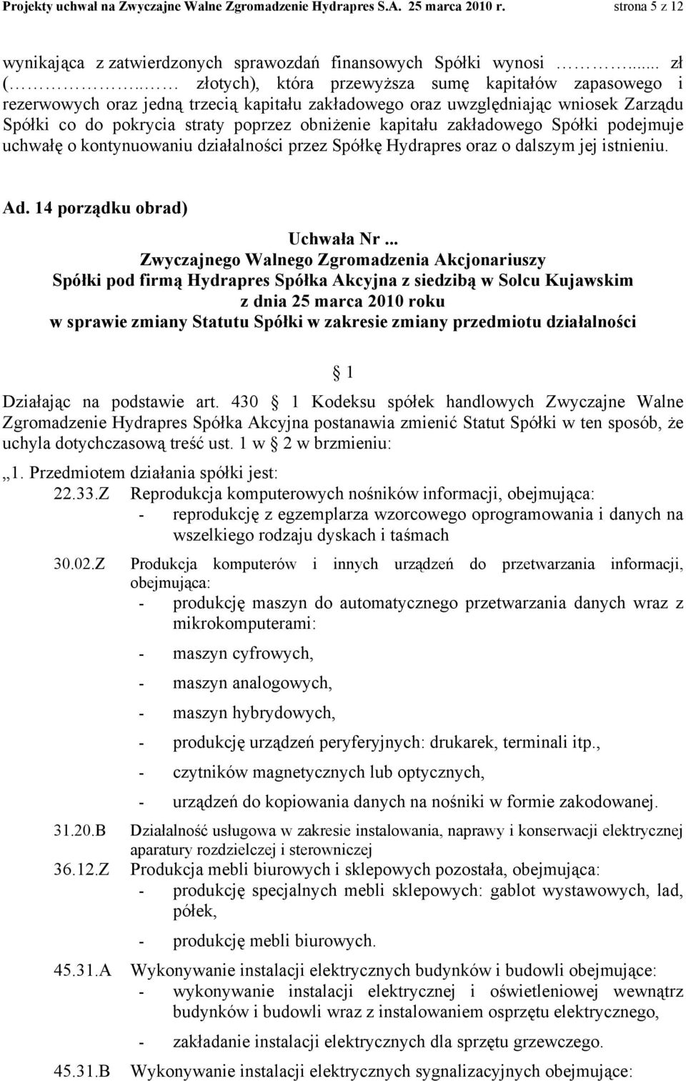 zakładowego Spółki podejmuje uchwałę o kontynuowaniu działalności przez Spółkę Hydrapres oraz o dalszym jej istnieniu. Ad.