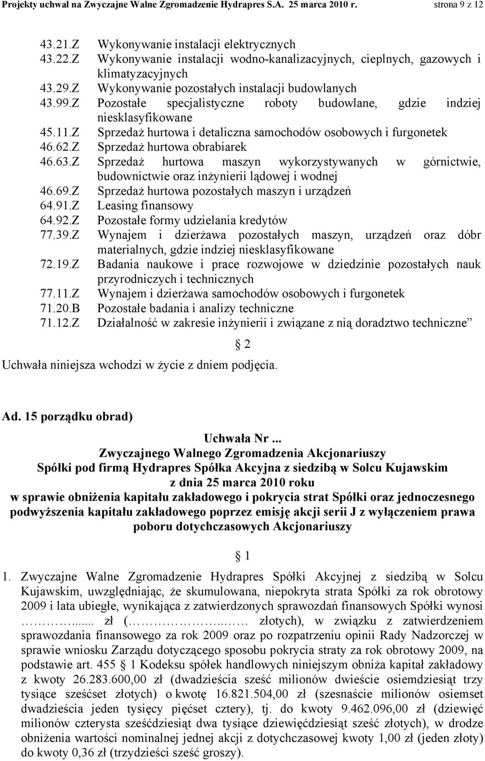 Z Pozostałe specjalistyczne roboty budowlane, gdzie indziej niesklasyfikowane 45.11.Z Sprzedaż hurtowa i detaliczna samochodów osobowych i furgonetek 46.62.Z Sprzedaż hurtowa obrabiarek 46.63.