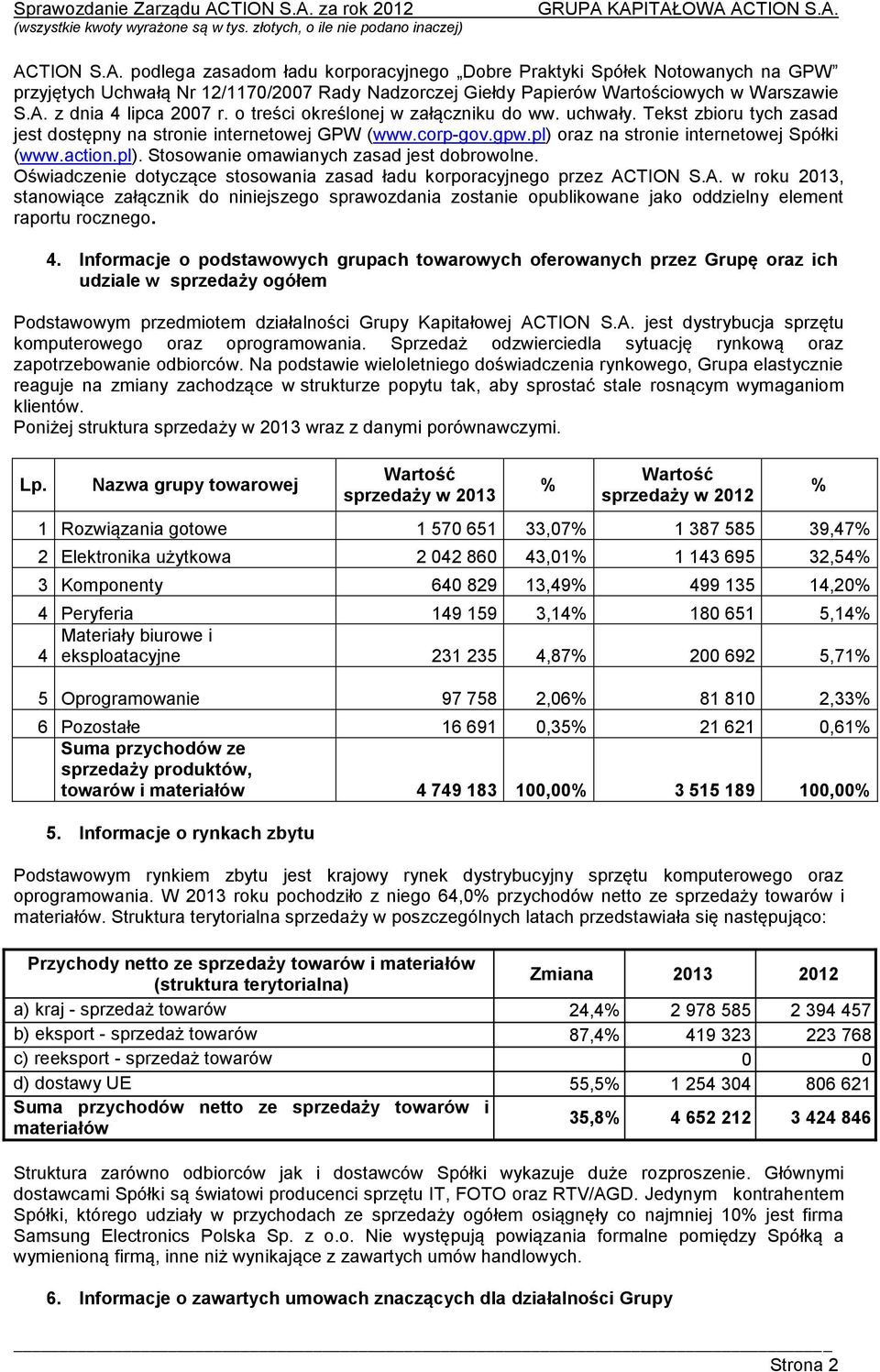 Oświadczenie dotyczące stosowania zasad ładu korporacyjnego przez ACTION S.A. w roku 2013, stanowiące załącznik do niniejszego sprawozdania zostanie opublikowane jako oddzielny element raportu rocznego.