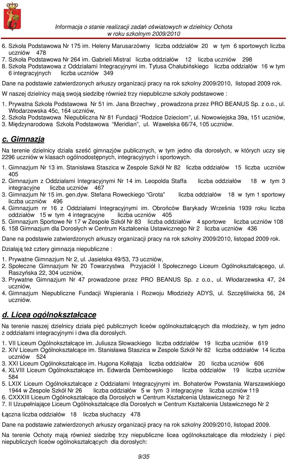 Tytusa Chałubińskiego liczba oddziałów 16 w tym 6 integracyjnych liczba uczniów 349 Dane na podstawie zatwierdzonych arkuszy organizacji pracy na rok szkolny 2009/2010, listopad 2009 rok.