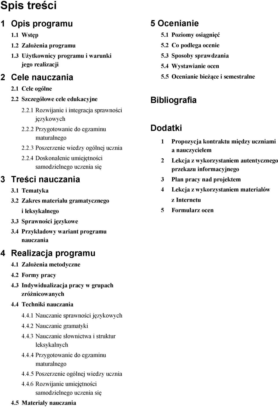 2 Zakres materiału gramatycznego i leksykalnego 3.3 Sprawności językowe 3.4 Przykładowy wariant programu nauczania 4 Realizacja programu 4.1 Założenia metodyczne 4.2 Formy pracy 4.