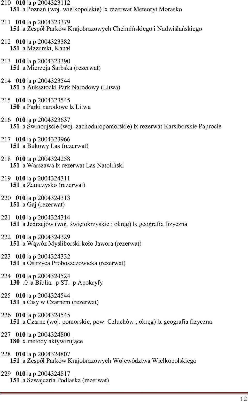2004323390 151 a Mierzeja Sarbska (rezerwat) 214 010 a p 2004323544 151 a Auksztocki Park Narodowy (Litwa) 215 010 a p 2004323545 150 a Parki narodowe z Litwa 216 010 a p 2004323637 151 a Świnoujście