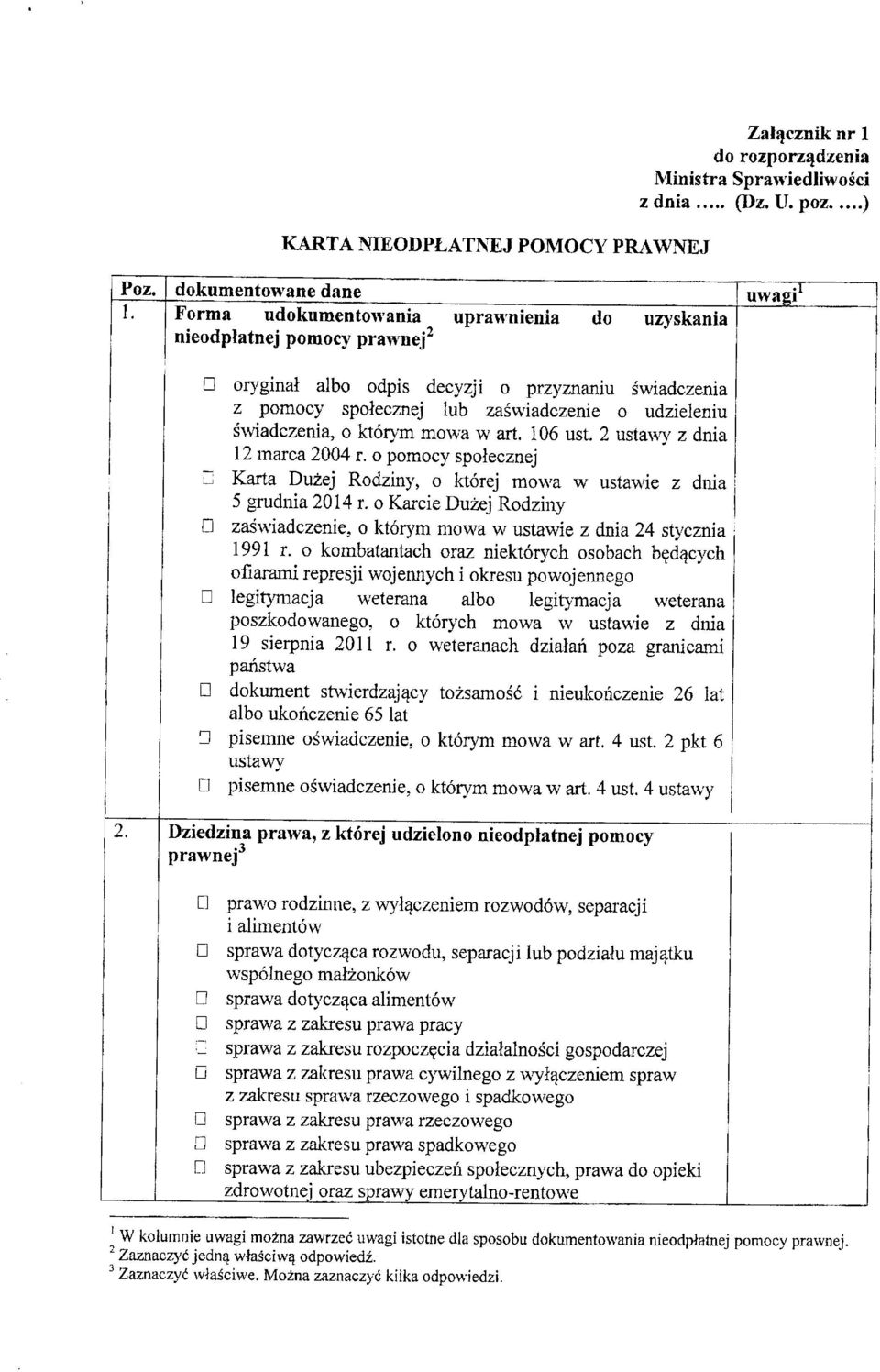 udzieleniu swiadczenia, o ktorym mowa w art. 106 ust. 2 usta^^y z dnia 12 mai'ca 2004 r. o pomocy spolecznej Karta Duzej Rodziny, o luorej mowa w ustawie z dnia 5 grudnia 2014 r.